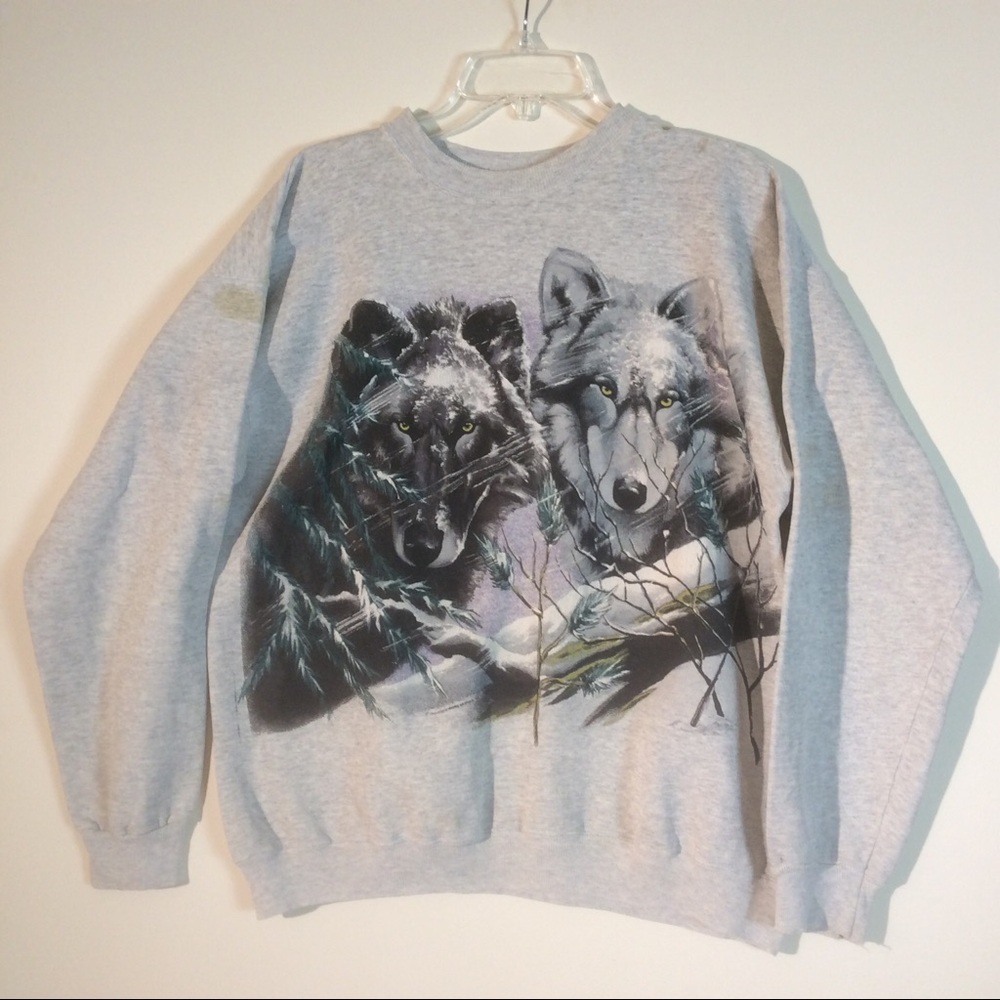 2 Grey Wolf Wolves Sweatshirt Hanes Snow *STAINS